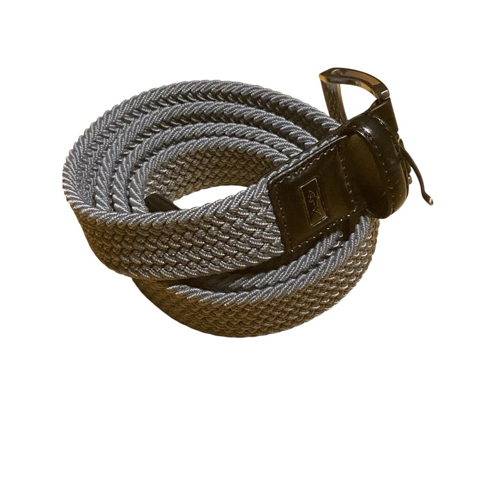 Greg Norman Mens Stretch Woven Belt Size 44 Gray Black Leather Tab